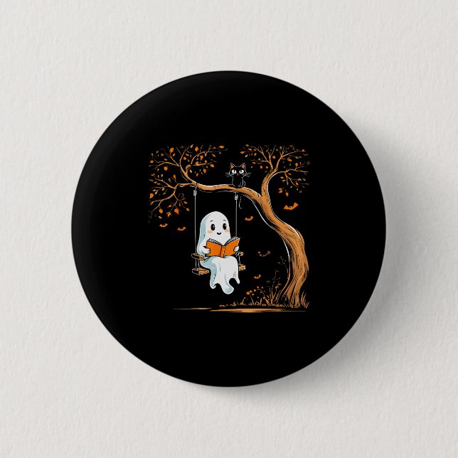 Vintage Ghost Swing Reading Book Swinging Hallowee Button (Front)