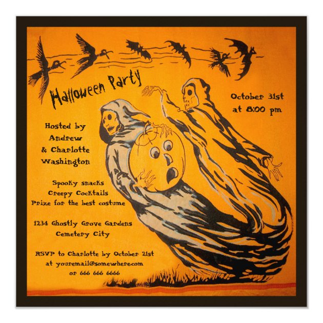 Vintage Ghosts, Crows, Bats, Cat Halloween Party Invitation