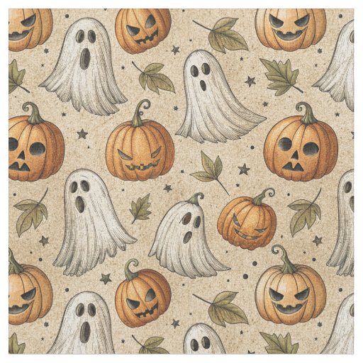 Vintage Ghosts & Pumpkins Halloween Pattern Fabric