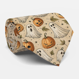 Vintage Ghosts & Pumpkins Halloween Pattern Neck Tie