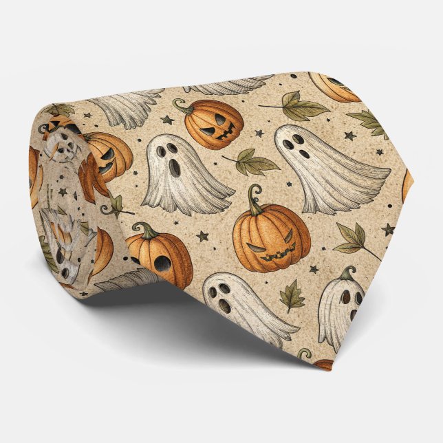 Vintage Ghosts & Pumpkins Halloween Pattern Neck Tie (Rolled)
