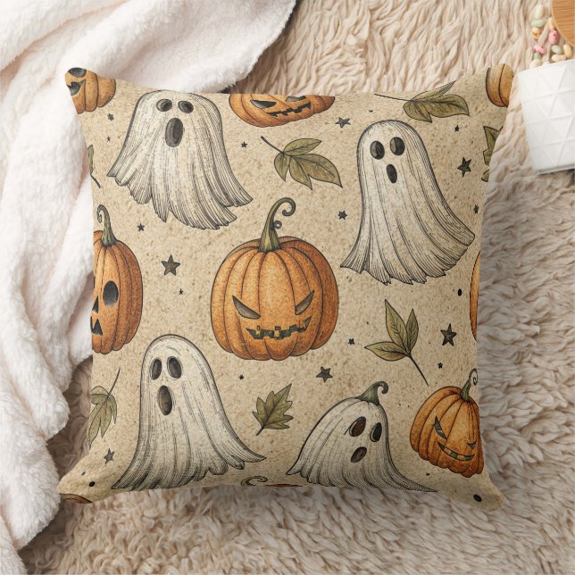Vintage Ghosts & Pumpkins Halloween Pattern Throw Pillow (Blanket)