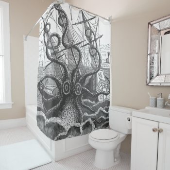 Vintage Giant Kraken Octopus Attacks Pirate Ship Shower Curtain by UTeezSF at Zazzle