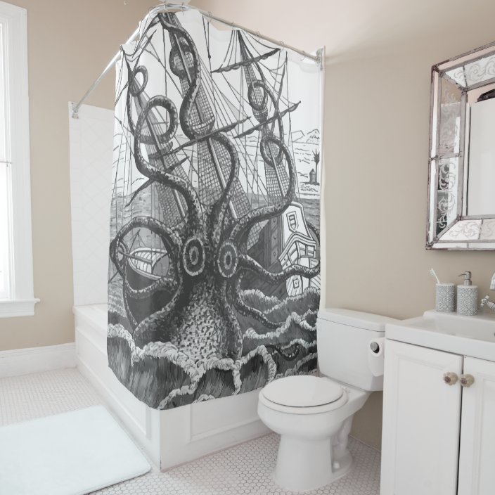 Vintage Giant Kraken Octopus Attacks Pirate Ship Shower Curtain Zazzle Com