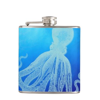 Vintage Giant Octopus In Deep Blue Ocean Hip Flask by BluePress at Zazzle