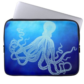 Vintage Giant Octopus In Deep Blue Ocean Laptop Sleeve by BluePress at Zazzle