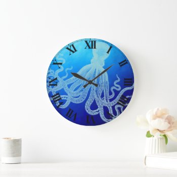 Vintage Giant Octopus In Deep Blue Ocean Large Clock by BluePress at Zazzle