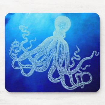 Vintage Giant Octopus In Deep Blue Ocean Mouse Pad by BluePress at Zazzle
