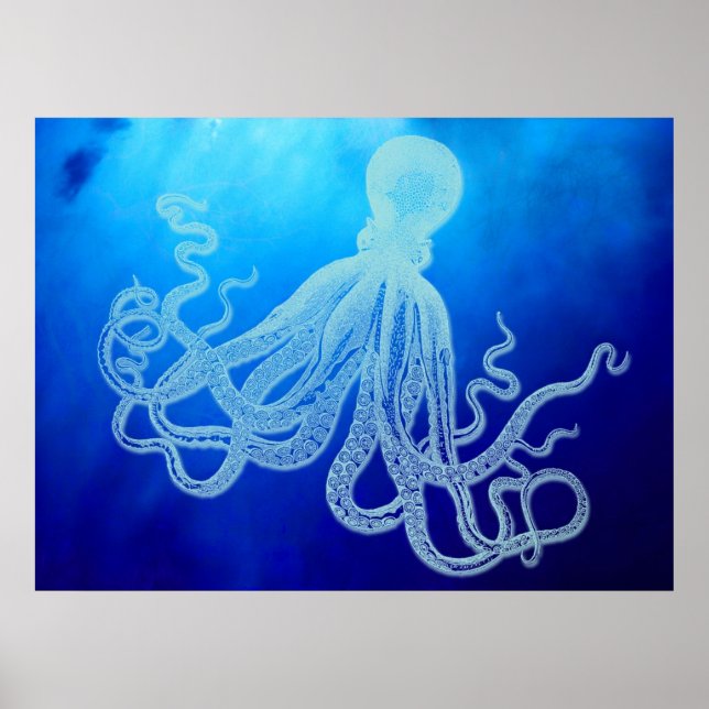 Vintage Giant Octopus in Deep Blue Ocean Poster (Front)