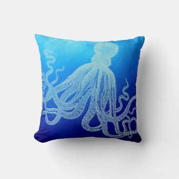 Vintage Giant Octopus In Deep Blue Ocean Throw Pillow by BluePress at Zazzle