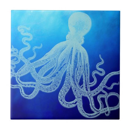 Vintage Giant Octopus In Deep Blue Ocean Tile