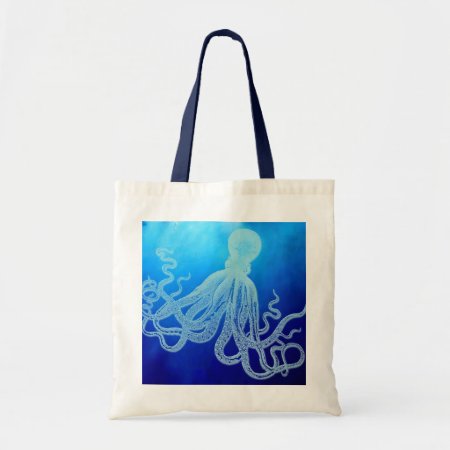 Vintage Giant Octopus In Deep Blue Ocean Tote Bag