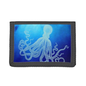 Vintage Giant Octopus In Deep Blue Ocean Tri-fold Wallet by BluePress at Zazzle