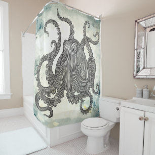 Vintage Giant Squid Octopus on Watercolor Shower Curtain