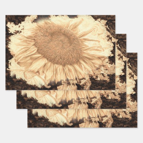 Vintage Giant Sunflowers Painted Rustic Vignette Wrapping Paper Sheets