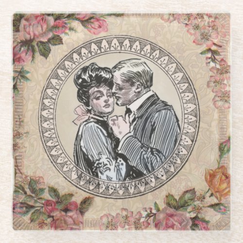Vintage Gibson Girl Antique Love Wedding Valentine Glass Coaster
