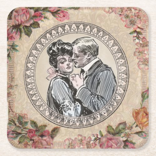 Vintage Gibson Girl Antique Love Wedding Valentine Square Paper Coaster