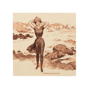 Vintage Gibson Girl Beach Mermaid Bathing Beauty Wood Wall Art