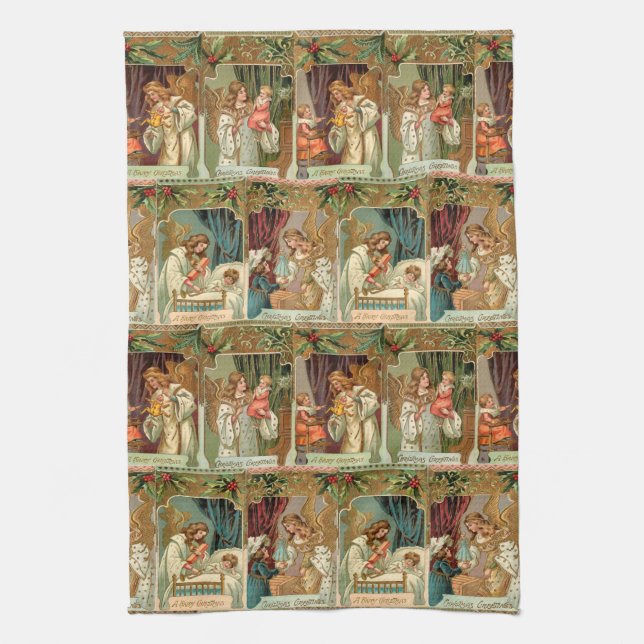 Vintage Gilded Angels, Children and Greenery Kitchen Towel (Vertical)