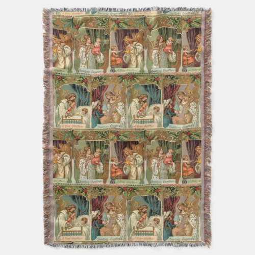 Vintage Gilded Angels Children and Greenery Throw Blanket