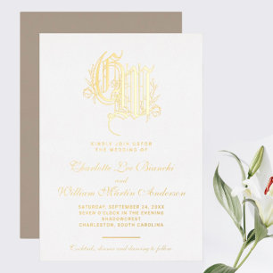 Vintage Gilded Monogram Wedding Foil Invitation
