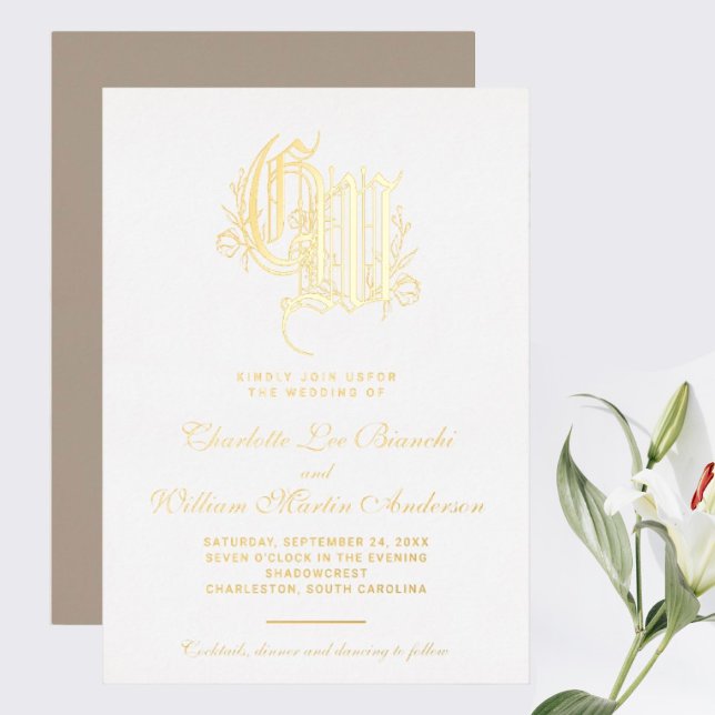 Vintage Gilded Monogram Wedding Foil Invitation (I wish you happiness!!!)