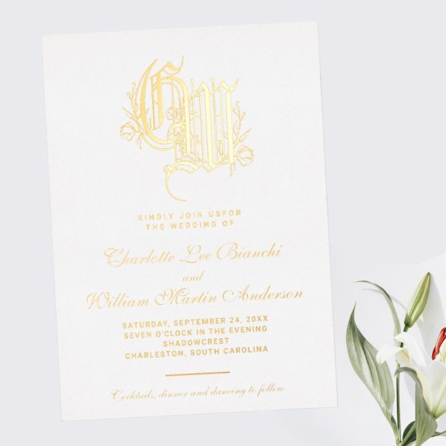 Vintage Gilded Monogram Wedding Foil Invitation (I wish you happiness))))