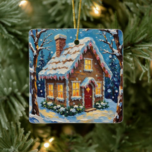 Vintage Gingerbread House in Enchanted Winter Ceramic Ornament