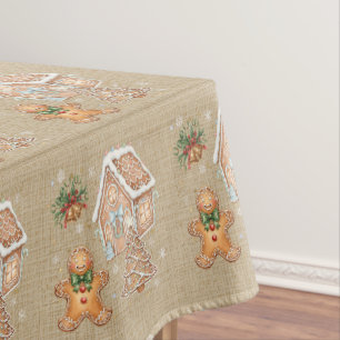 Vintage Gingerbread Man, House, Tree, Christmas Tablecloth