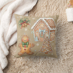 Vintage Gingerbread Man, House, Tree, Christmas Throw Pillow