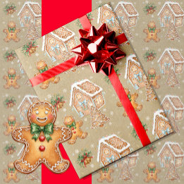 Vintage Gingerbread Man, House, Tree, Christmas Wrapping Paper