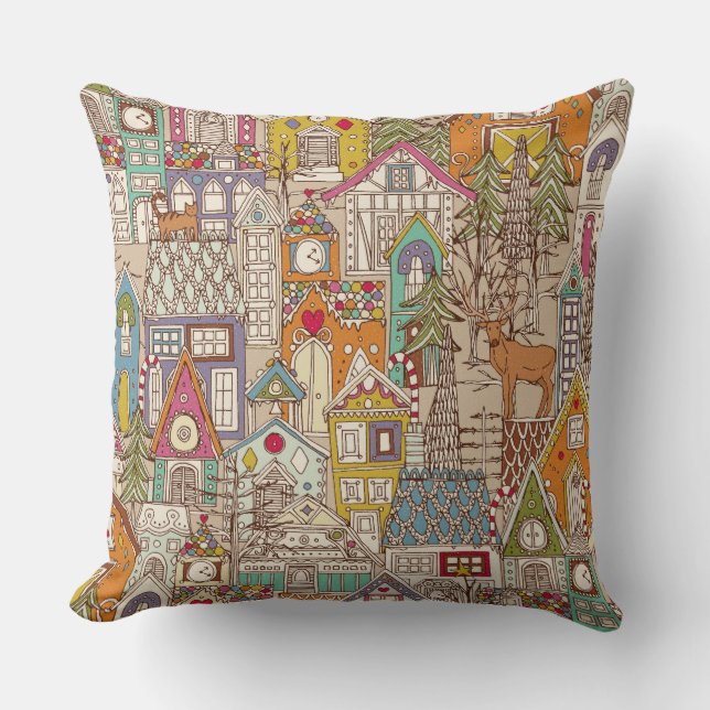 vintage gingerbread town throw pillow (Front)