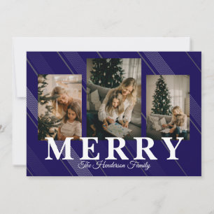 Vintage Gingham Classic Navy 3 Photo Holiday Card