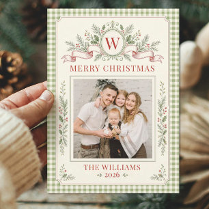 Vintage Gingham Monogram Family Christmas Photo Holiday Card