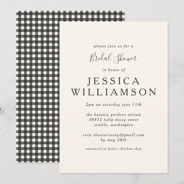 Vintage Gingham Plaid Black White Bridal Shower Invitation (Front/Back)