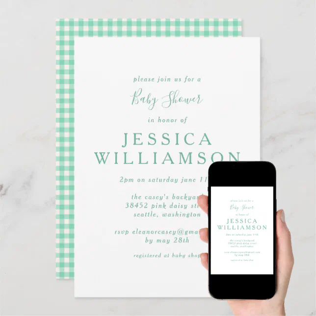 Vintage Gingham Plaid in Mint Green Baby Shower Invitation Zazzle