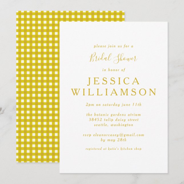 Vintage Gingham Plaid in Yellow Bridal Shower  Invitation (Front/Back)