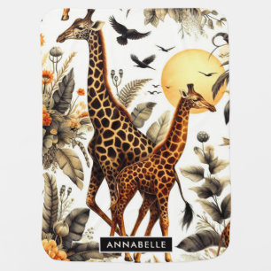 Vintage Giraffe Floral Watercolor Baby Blanket