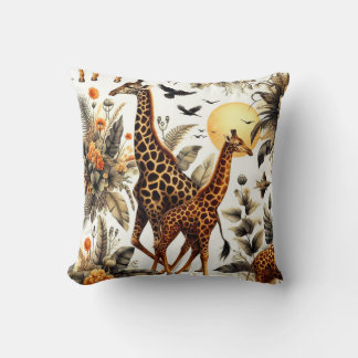Vintage Giraffe Floral Watercolor Throw Pillow