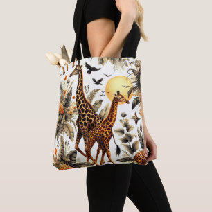 Vintage Giraffe Floral Watercolor Tote Bag
