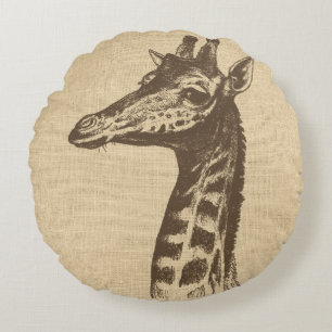 Vintage Giraffe Illustration on Burlap Round Pillow
