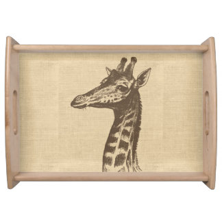 Vintage Giraffe Illustration on Burlap  Serving Tray