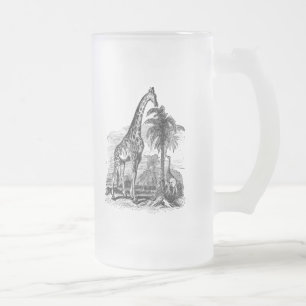 Vintage Giraffe Personalized Animal Illustration Frosted Glass Beer Mug