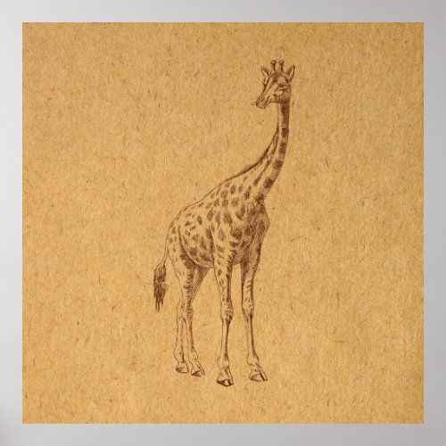 Vintage Giraffe Rustic Illustrated Animal Art Poster