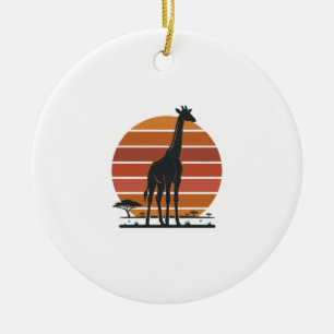 Vintage Giraffe Sunset Safari Vector Shirt Design_ Ceramic Ornament