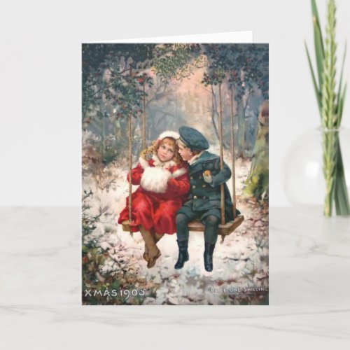 Vintage Girl and Boy on Swing Christmas Card