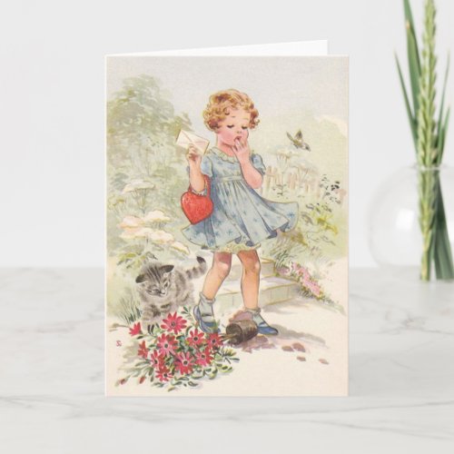 Vintage Girl And Cat Valentines Day Card