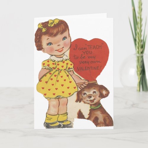 Vintage Girl And Dog Valentine Holiday Card