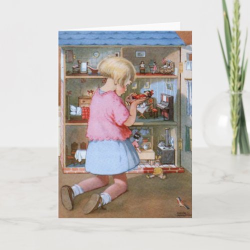 Vintage _ Girl and Doll House Card
