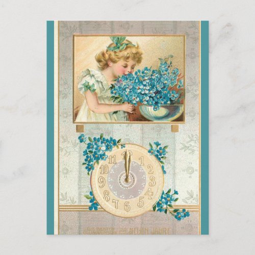 Vintage Girl and Forget Me Nots Happy New Year Postcard